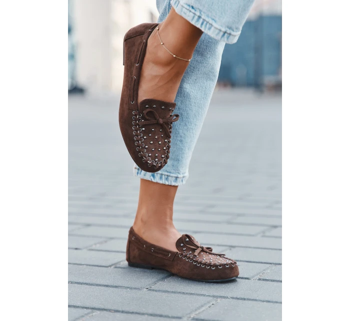 Zdobione Mokasyny Damskie Z Eko Zamszu Brązowe Prissine Zdobione Mokasyny Damskie Z Eko Zamszu Brązowe Prissine