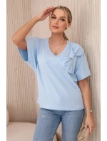 Bavlněná halenka s ozdobnou mašlí modrý