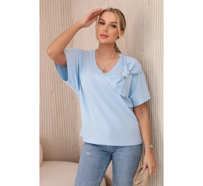 Bavlněná halenka s ozdobnou mašlí modrý