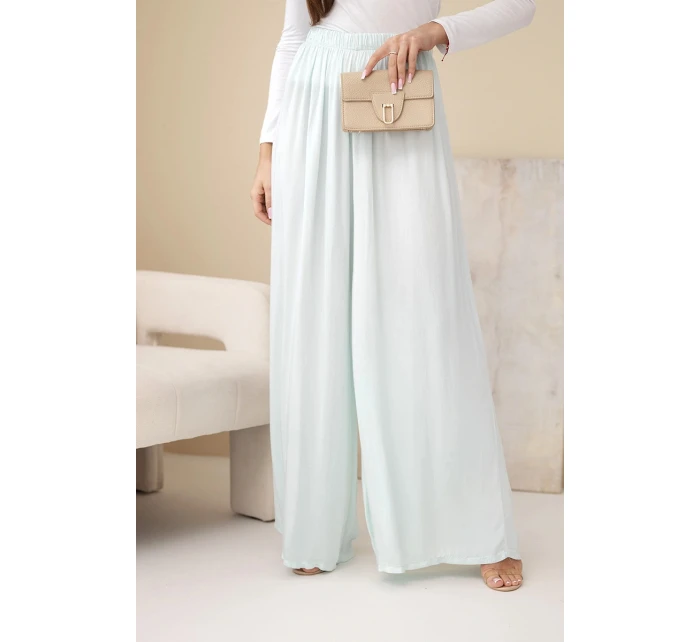 Dámske široké nohavice z viskózy s elastickým pásom mätovej farby
