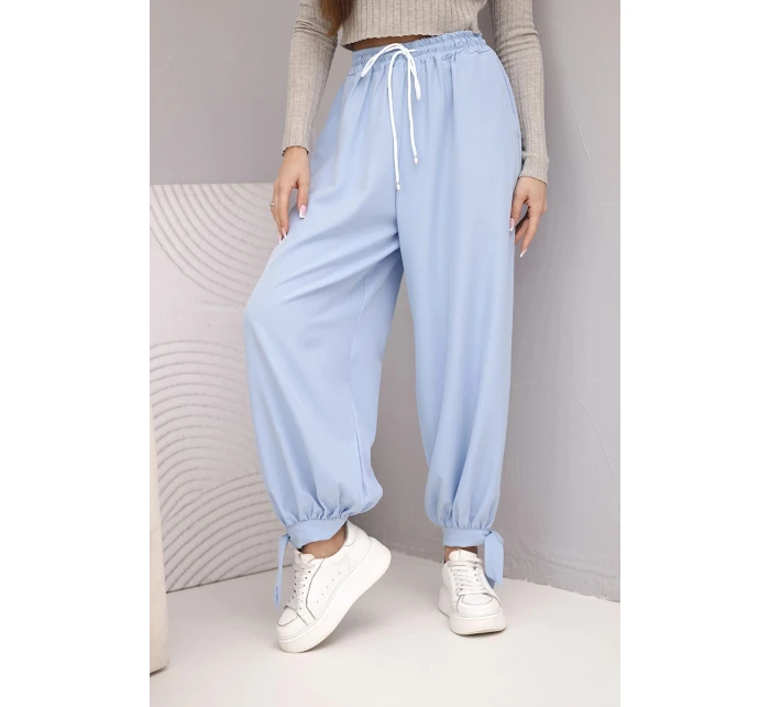 Dámské kalhoty s širokým model 22018656 a zavazováním dole modré - K-Fashion