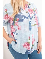 Dámske bavlnené Plus veľkosť V-neck blúzka s kvetinovým vzorom modrá Dámske bavlnené Plus veľkosť V-neck blúzka s kvetinovým vzorom modrá