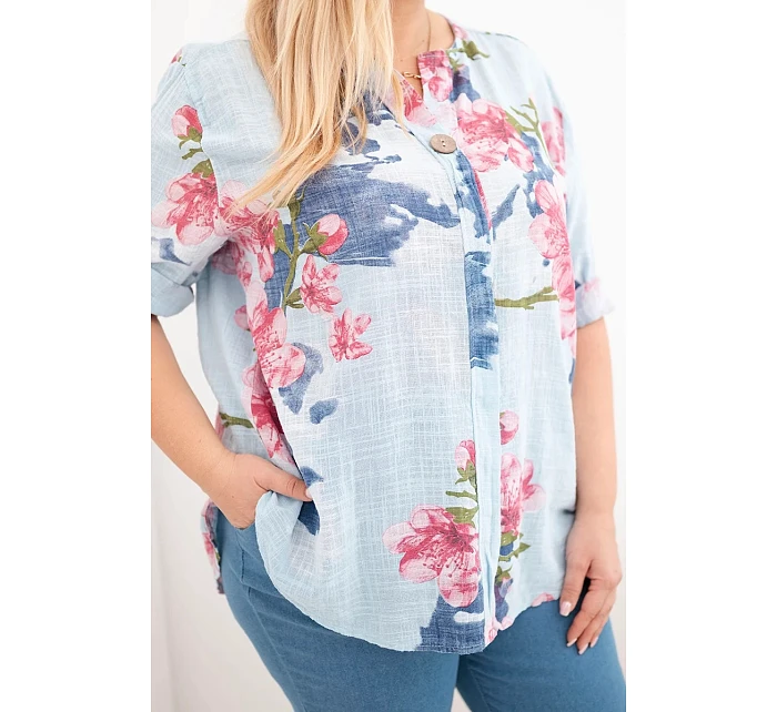 Dámske bavlnené Plus veľkosť V-neck blúzka s kvetinovým vzorom modrá Dámske bavlnené Plus veľkosť V-neck blúzka s kvetinovým vzorom modrá