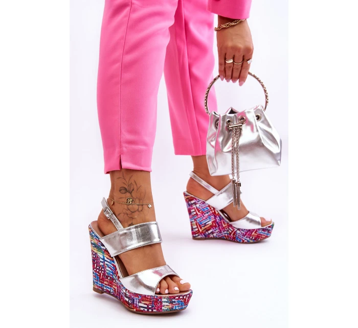 Damskie Sandałki Na Koturnie Srebrne Calderia Damskie Sandałki Na Koturnie Srebrne Calderia