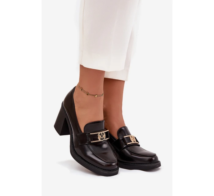 Półbuty Damskie Na Słupku Ze Złotym Detalem Czekoladowe Privelle Półbuty Damskie Na Słupku Ze Złotym Detalem Czekoladowe Privelle