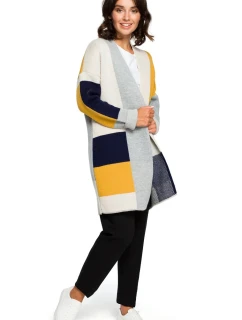 Dámsky dlhý sveter BK011 model 2 béžovo-žlto-sivý - BEwear