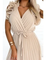 Béžové dámské plisované šifonové midi šaty s výstřihem a volánky model 20171428 - numoco basic Béžové dámské plisované šifonové midi šaty s výstřihem a volánky model 20171428 - numoco basic