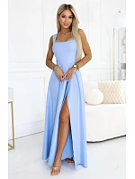 Dlouhé šaty s rozparkem a výstřihem modré s třpytkami model 22090126 - numoco