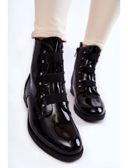 Lakierowane Ocieplane Botki Na Płaskim Obcasie Czarne Geira Lakierowane Ocieplane Botki Na Płaskim Obcasie Czarne Geira