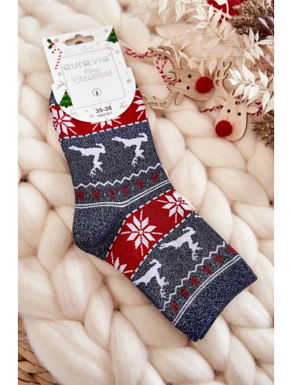 Damskie Świąteczne Skarpetki Błyszczące Renifery Granatowe