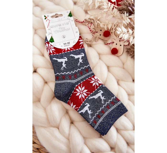 Damskie Świąteczne Skarpetki Błyszczące Renifery Granatowe