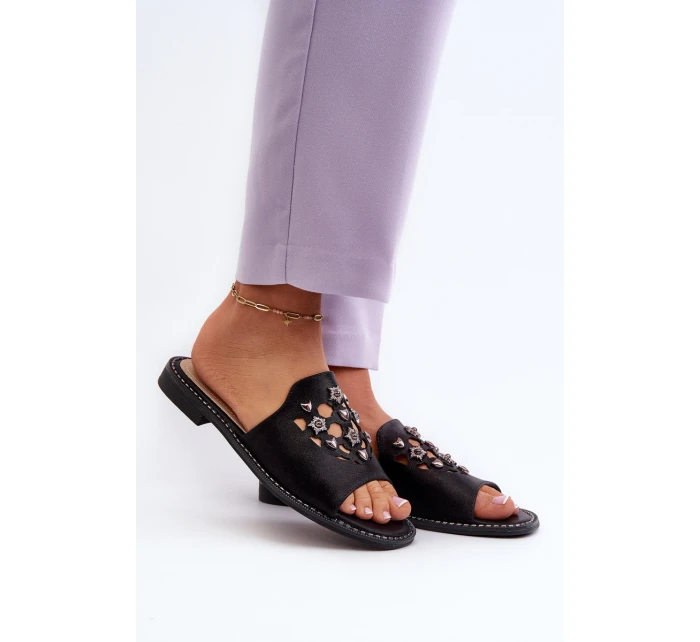 Błyszczące Klapki Damskie Z Ozdobami S.Barski KV27-063 Czarne