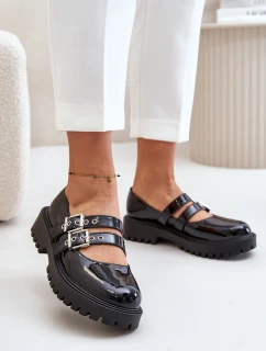 Półbuty Damskie Z Paskami Lakierowane Czarne Terione