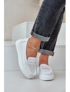 Skórzane Mokasyny Damskie Na Platformie I Koturnie Białe Elanindel