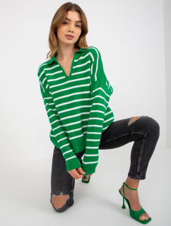 Zeleno-biely nadrozmerný pruhovaný sveter s golierom
