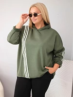 Dámska mikina z viskózy vo veľkosti plus size s kapucňou a ozdobnými pásikmi v khaki farbe
