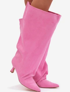 Kozačky s širokou horní částí a řasením na podpatku Růžové Harela