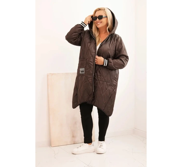 Dámska prešívaná bunda Plus Size s kapucňou a športovými manžetami Brown