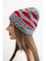 Dámska zimná čiapka z vlny v hrubom úplete a pruhoch K465 sivá + červená Dámska zimná čiapka z vlny v hrubom úplete a pruhoch K465 sivá + červená
