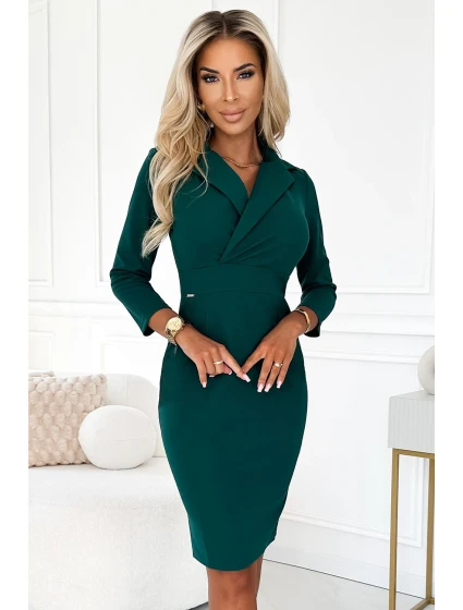 Zelené elegantní dámské šaty s přeloženým obálkovým výstřihem model 20541751 - numoco Zelené elegantní dámské šaty s přeloženým obálkovým výstřihem model 20541751 - numoco