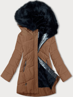 Dámska zimná bunda v karamelovej farbe s kožušinou (V715)