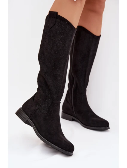 Dámské kozačky s vzorem na nízkém podpatku  Černé model 22031878 - S.Barski