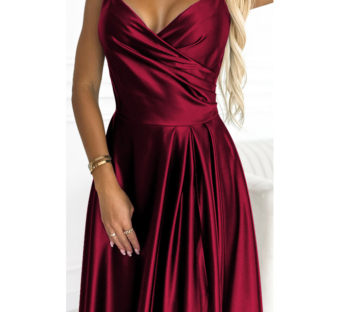 CHIARA - Elegantní dlouhé dámské saténové maxi šaty ve vínové bordó barvě na ramínkách 299-13