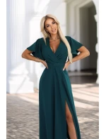 dlouhé šaty s rozparkem na rukávy a výstřihem lahvově zelené model 21291970 - numoco