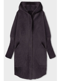 Dlhý vlnený prehoz cez oblečenie typu alpaka v baklažánovej farbe s kapucňou (908)
