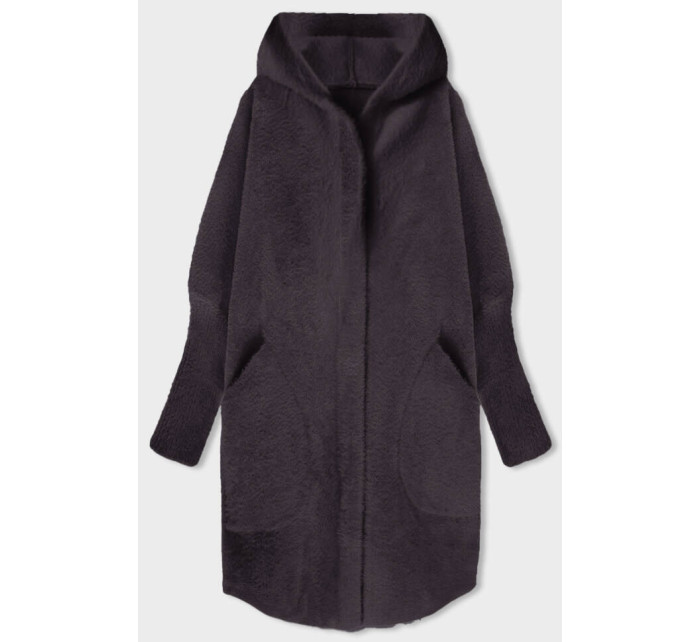 Dlhý vlnený prehoz cez oblečenie typu alpaka v baklažánovej farbe s kapucňou (908)