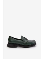 Zazoo 20174 Skórzane Eleganckie Półbuty Damskie Na Płaskim Obcasie Ciemnozielone