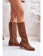 Zamszowe Kozaki Damskie Do Połowy Łydki Na Zamek Lewski 3616 Brązowe