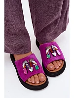 Kožené semišové dámské pantofle s ozdobou na platformě model 22125953 fuchsiové - VINCEZA