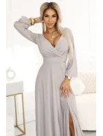 třpytivé dlouhé šaty s výstřihem, dlouhými rukávy a rozparkem na nohou BEACH model 20997233 - numoco