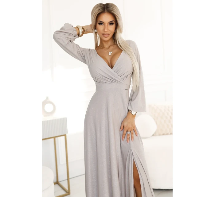 třpytivé dlouhé šaty s výstřihem, dlouhými rukávy a rozparkem na nohou BEACH model 20997233 - numoco