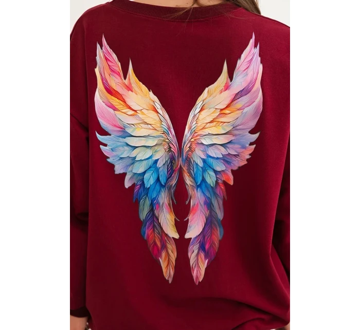 Dámska bavlnená mikina nadrozmernej veľkosti s farebnými krídlami na chrbte bordová Dámska bavlnená mikina nadrozmernej veľkosti s farebnými krídlami na chrbte bordová