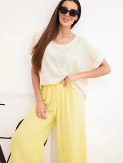 Dámska súprava z viskózy s pruhovanou blúzkou a širokými elastickými nohavicami žltá