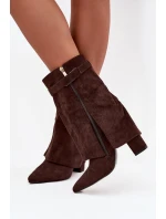 Ocieplane Botki Damskie Na Słupku Z Ozdobnym Paskiem Czekoladowe Luvielle