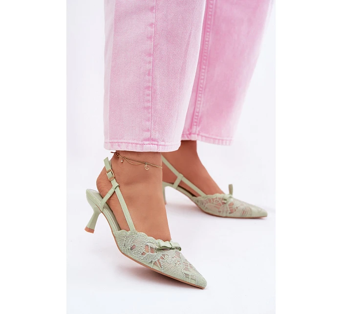 Krajkové dámské sandály na podpatku s mašlí zelené Maribelle