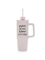 PRÁCE NEUTEČE, KÁVA VYSTYDNE! - růžový cestovní termohrnek s průhledným víčkem 900 ml