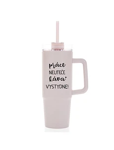 PRÁCE NEUTEČE, KÁVA VYSTYDNE! - růžový cestovní termohrnek s průhledným víčkem 900 ml
