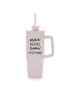 PRÁCE NEUTEČE, KÁVA VYSTYDNE! - růžový cestovní termohrnek s průhledným víčkem 900 ml