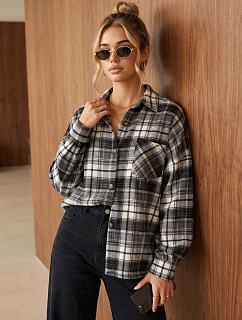Dámska oversize flanelová košeľa s kockovaným vzorom, čierna, FashionStreet DY0500