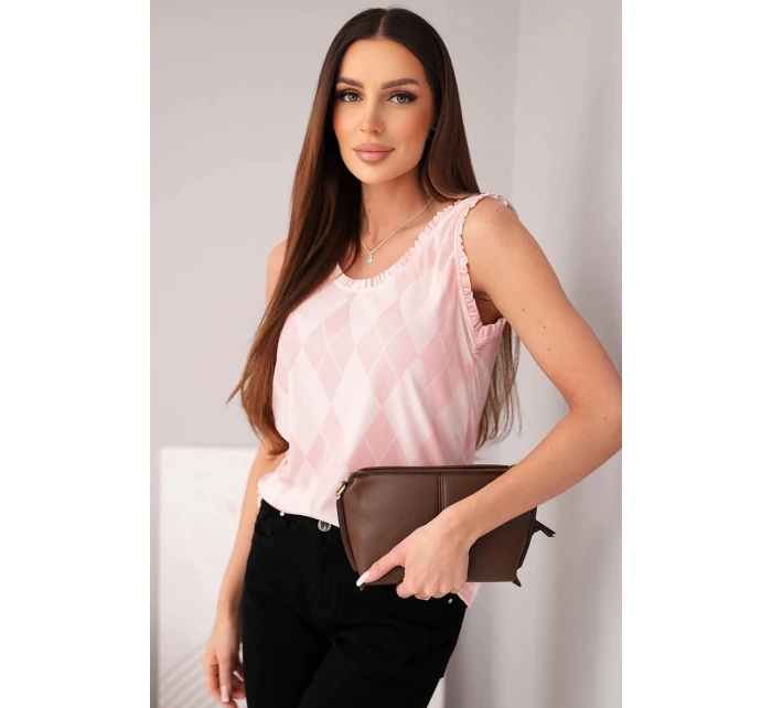Dámska viskózna blúzka bez rukávov s diamantmi a volánom vo výstrihu púdrovo ružová Dámska viskózna blúzka bez rukávov s diamantmi a volánom vo výstrihu púdrovo ružová