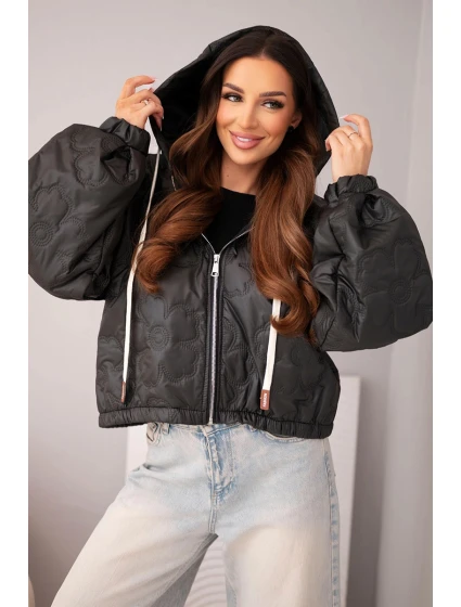 Dámská prošívaná bunda s kapucí a květinovým černá model 22010148 - K-Fashion