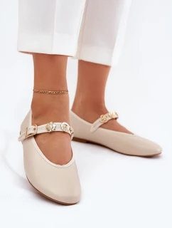 Baleriny Damskie Z Paskiem I Złotymi Przypinkami Beżowe Firicene