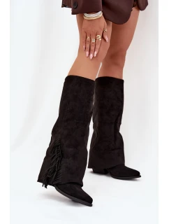 Wsuwane Kozaki Kowbojki Damskie Na Słupku Z Frędzlami Czarne Zalia