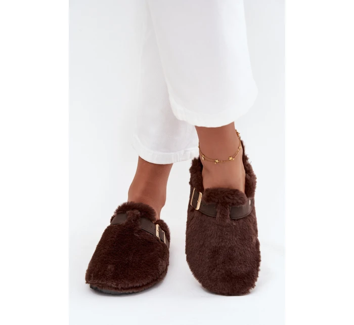 Futrzane Klapki Damskie Na Platformie Z Paskiem I Klamrą Brązowe Noraline