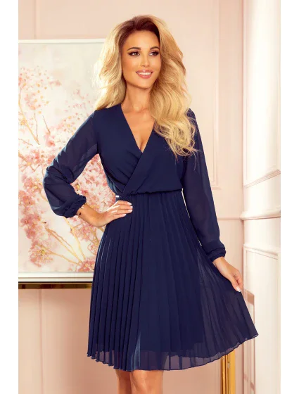ISABELLE - Tmavomodré dámske plisované šaty s dekoltom a dlhými rukávmi 313-6