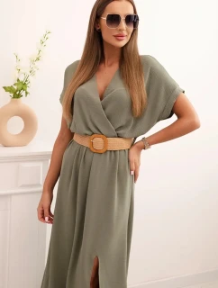 Dlouhá šaty s ozdobným pásem model 22038583 khaki - K-Fashion